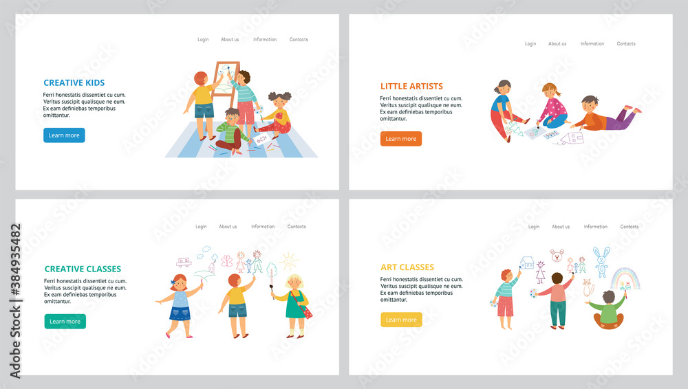 Design for websites of kids art school, class or courses a vector illustrations. Design for websites of kids art school, class or courses a vector illustrations.