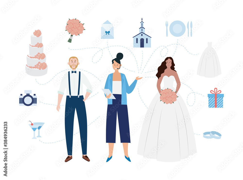 Set of wedding icons including characters flat vector illustration isolated. Set of wedding icons including characters flat vector illustration isolated.
