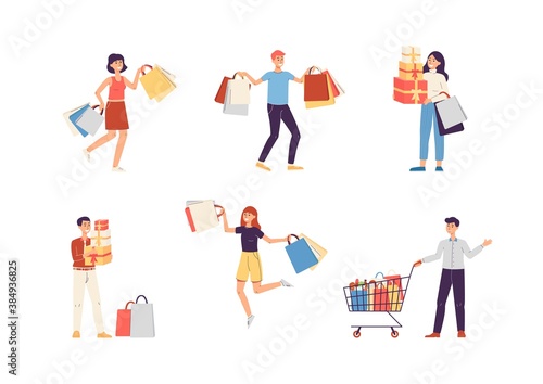 Set of characters of shoppers with lot bags and gifts a vector flat illustration