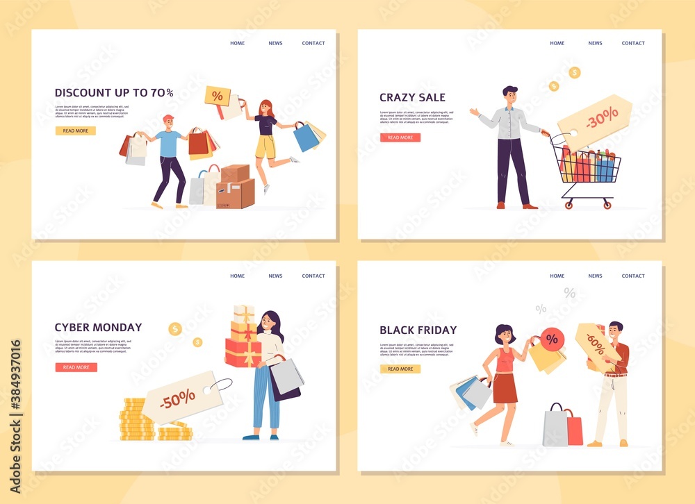 Set of landing pages templates of application for shoppers a vector illustration