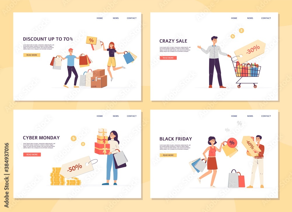 Set of landing pages templates of application for shoppers a vector illustration Set of landing pages templates of application for shoppers a vector illustration