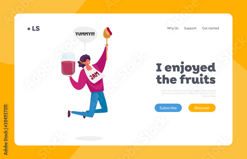 Homemade Preserve Production, Yummy Snack Landing Page Template. Tiny Female Character Happily Jumping with Huge Jam Jar