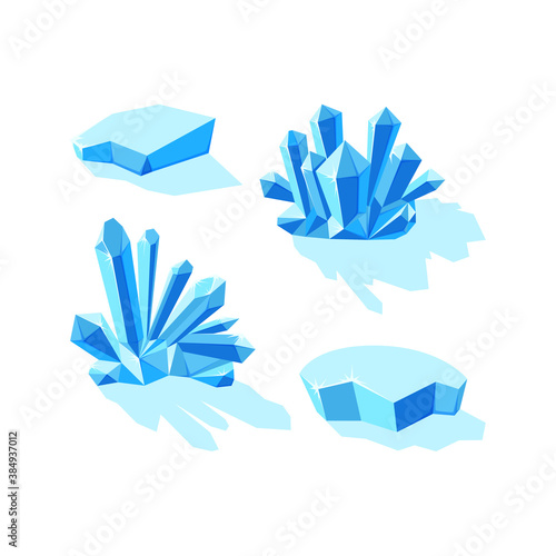 Ice crystals and icebergs isolated in white background. Set of druses and separate crystals made of blue mineral. Winter landscape elements. Vector illustration in cartoon style