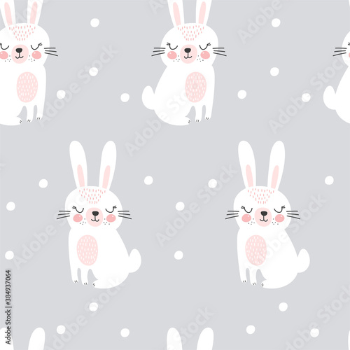 Seamless pattern with cute rabbit. Childish print. Vector