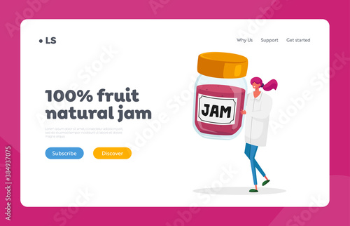 Confectionery Factory Sweet Production Landing Page Template. Tiny Female in White Robe Hold Huge Glass Jar with Jam