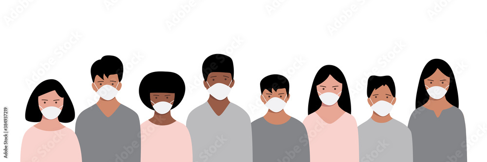 Fototapeta premium Banner with group of people in protective medical face masks to prevent disease. Сoronavirus (2019-nCoV). Vector
