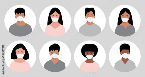 Banner with group of people in protective medical face masks to prevent disease. Сoronavirus (2019-nCoV). Vector
