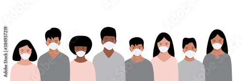Banner with group of people in protective medical face masks to prevent disease. Сoronavirus (2019-nCoV). Vector