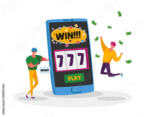 Online Casino, Financial Freedom. Happy Men Screaming Super Excited Get Jackpot. Ecstatic Characters Celebrate Success