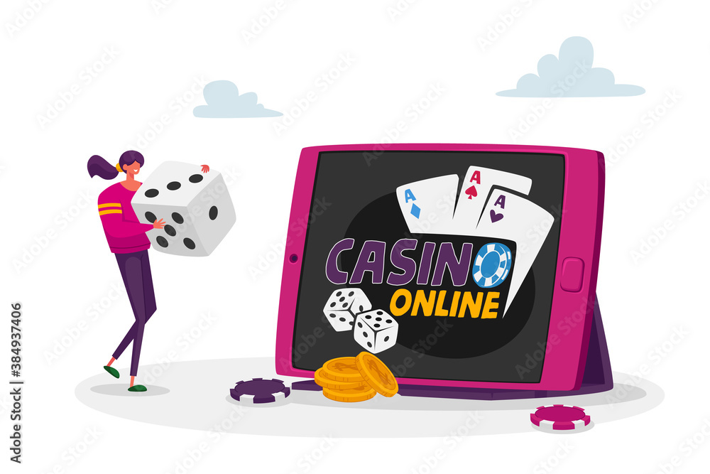 Woman Gaming, Earn Money in Internet, Online Income, Gambling. Tiny Female Huge Dice for Poker Game at Huge Tablet