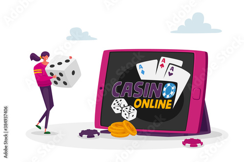 Woman Gaming, Earn Money in Internet, Online Income, Gambling. Tiny Female Huge Dice for Poker Game at Huge Tablet