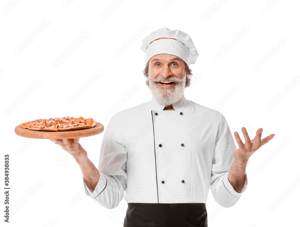 Mature male chef with tasty pizza on white background Mature male chef with tasty pizza on white background