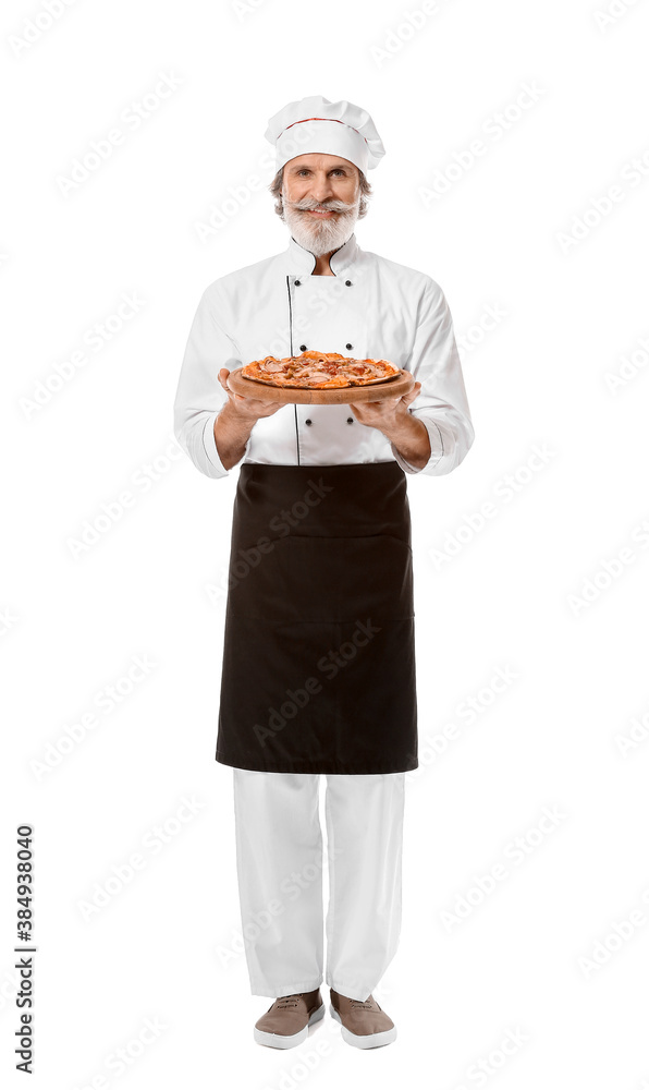 Mature male chef with tasty pizza on white background Mature male chef with tasty pizza on white background