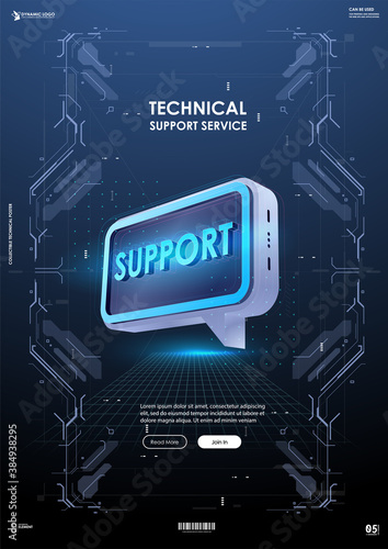 Technical support. Modern vector illustration futuristic style. Creative template with chat bubble in technical style.