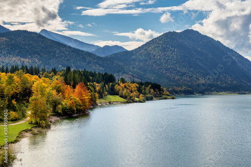 Sylvenstein reservoir lake in autumn, Bad Toelz, Bavaria, Germany, Europe