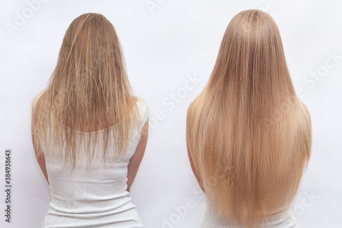 Woman before and after hair extensions on white background. Hair extension, beauty, tress, hair growth, styling, salon concept. Lenght and volume photo