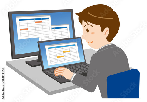 ノートPCと大画面外部モニターで事務作業をするスーツ姿の若い男性のイラスト/白背景