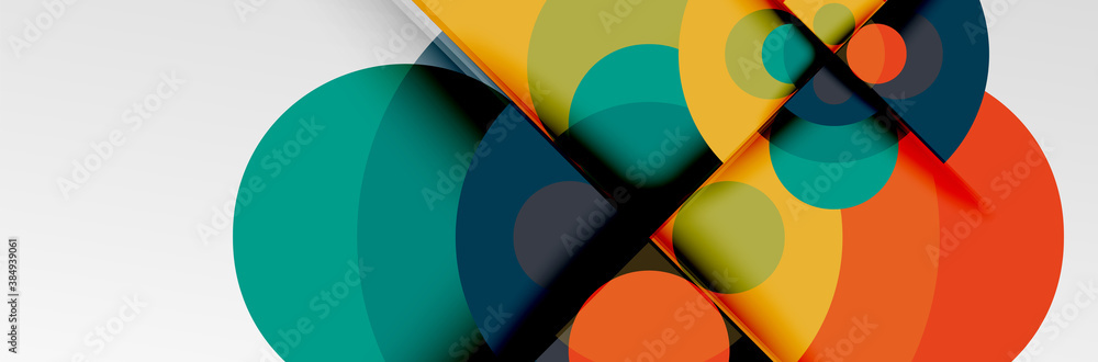 Bright color circles, abstract round shapes and triangles composition with shadow effects. Vector modern geometric design template Bright color circles, abstract round shapes and triangles composition with shadow effects. Vector modern geometric design template