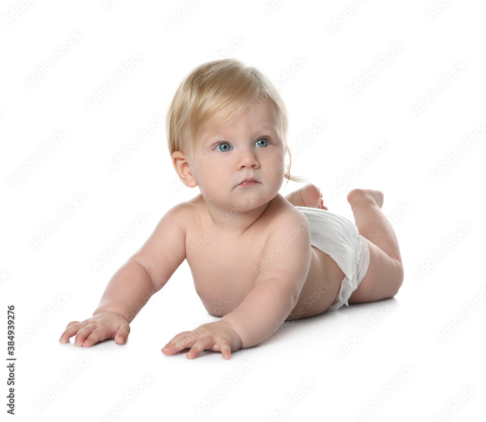Cute little baby in diaper on white background Cute little baby in diaper on white background