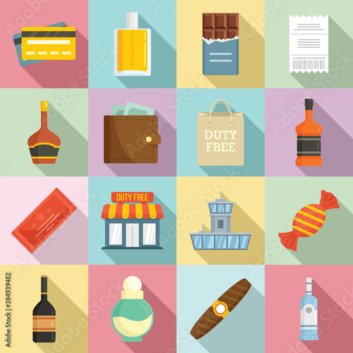 Duty free shop icons set. Flat set of duty free shop vector icons for web design