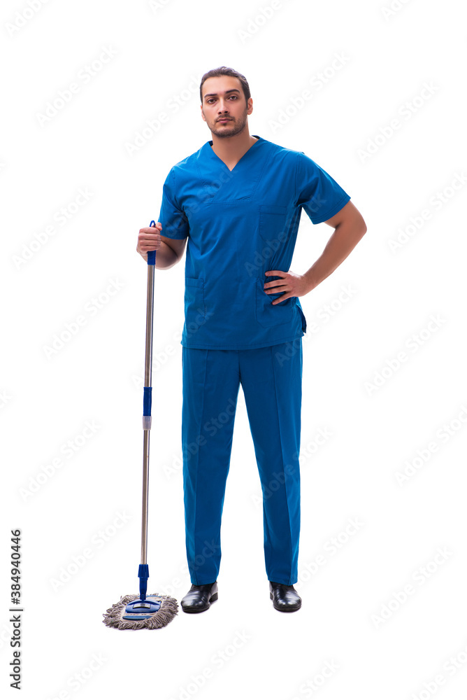Young male assistant with mop isolated on white Young male assistant with mop isolated on white