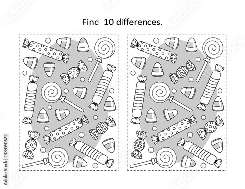 Find 10 differences visual puzzle and coloring page with Halloween candy
