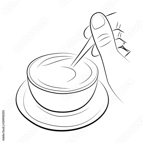 Hand stiring sugar in coffee or cappuccino close up. Vecto illustration