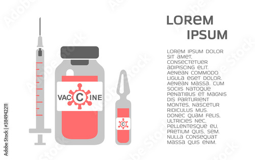 Antiviral vaccine, vial and syringe with heart and lifeline of possom. Vaccination immunity against coronavirus. Background with space for text, vector