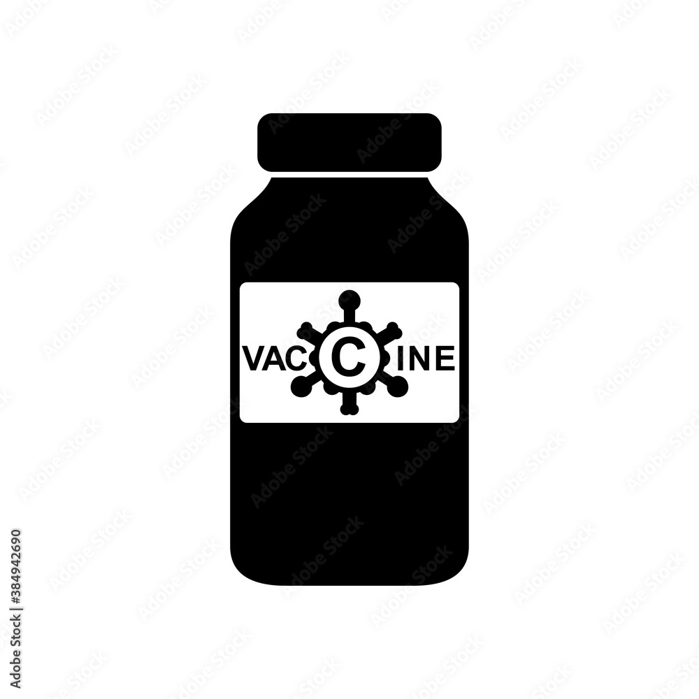 Antiviral vaccine vial, the concept of vaccination and immunity against coronavirus. Isolated black illustration on a white background, vector Antiviral vaccine vial, the concept of vaccination and immunity against coronavirus. Isolated black illustration on a white background, vector