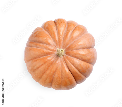 Fresh ripe pumpkin isolated on white, top view. Organic plant