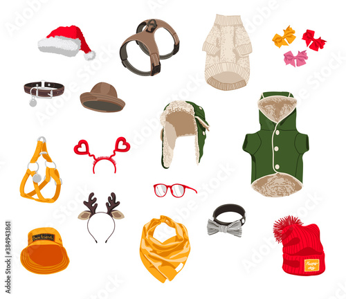 Pet animals clothes and accessories set. Dog garments collection. Warm jacket, sweater, trapper cap, hat, harness, leather collar cartoon vector illustration