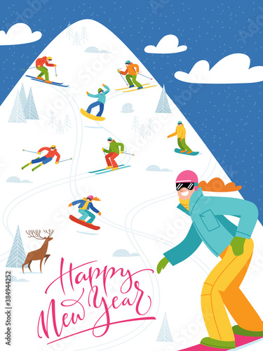Ski resort poster with people doing winter sports.