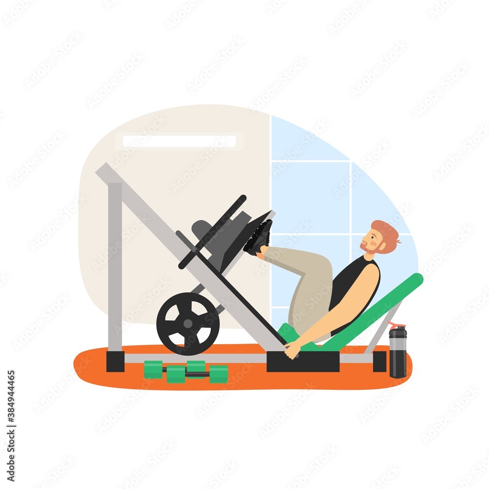 Fitness gym. Young man doing leg press machine exercises, flat vector ...