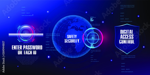 Protecting digital data, deposits, accounts around the world with digital codes and passwords. Cyber concept banner. Security shield. Login with password or touch ID. Vector