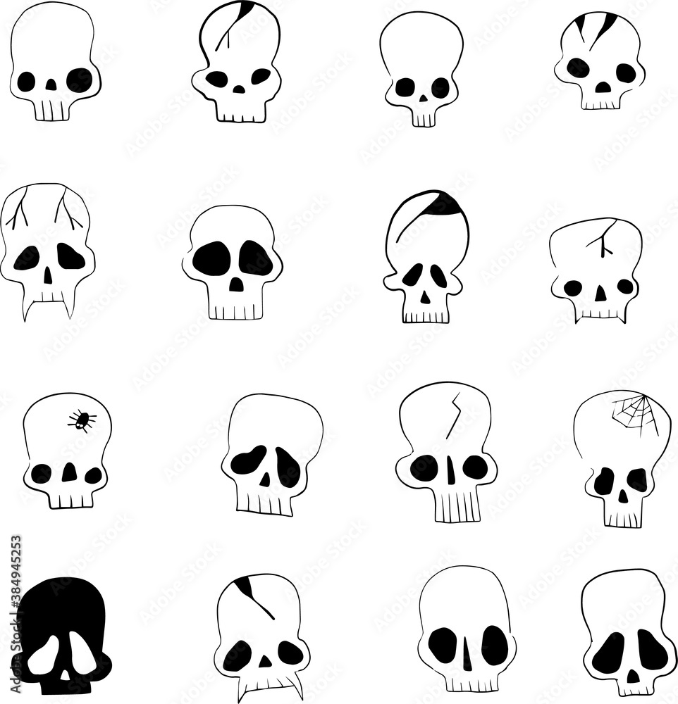 set of sixteen doodle style skulls