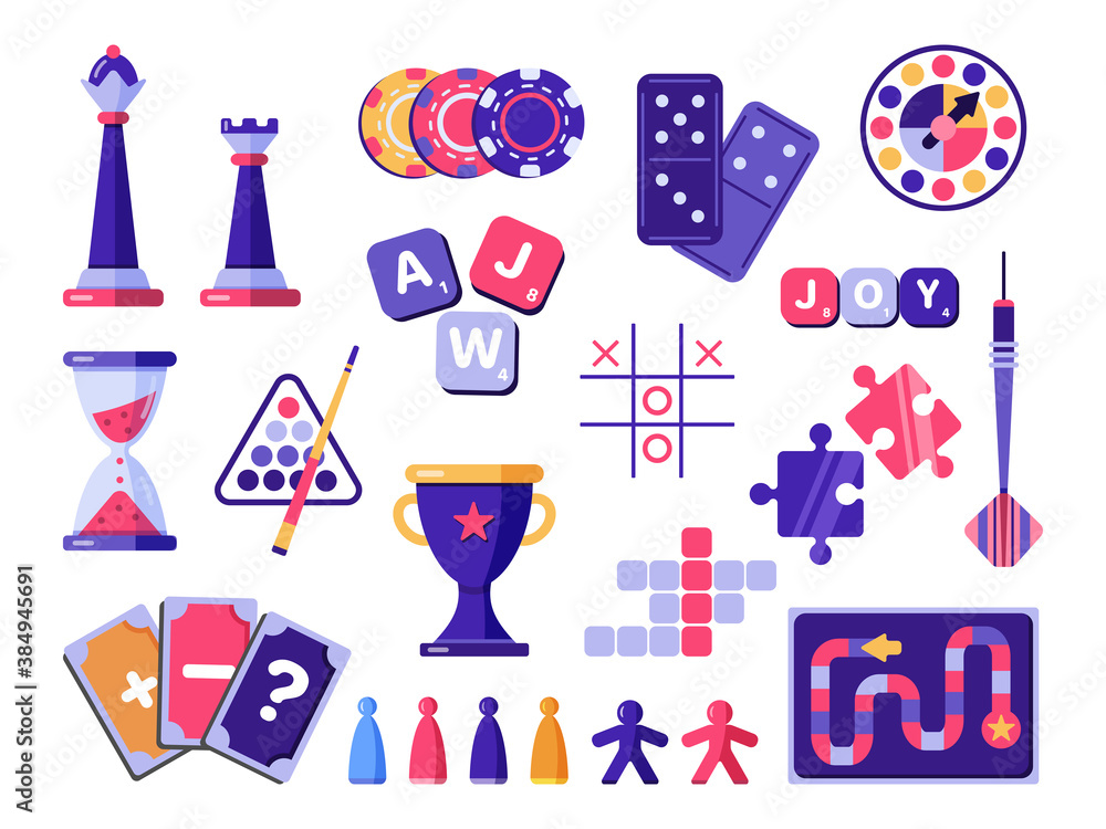 Board games entertainment play vector flat set