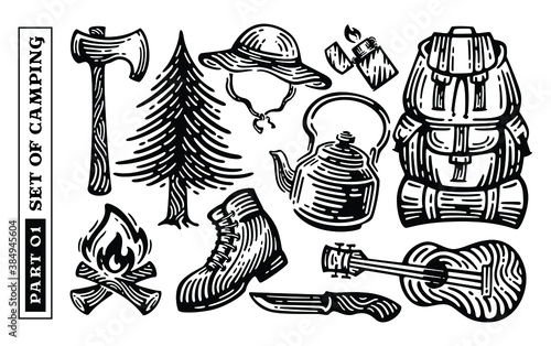 Big vector set of camping elements. doodle vintage illustration.