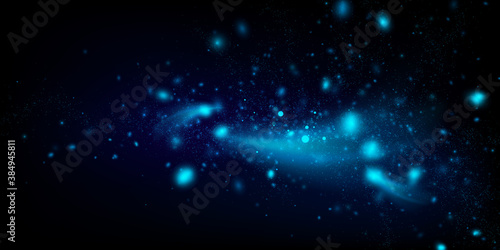 Vector abstract background with blue particles on dark. Glowing magical lights  sparkling glittering effect.