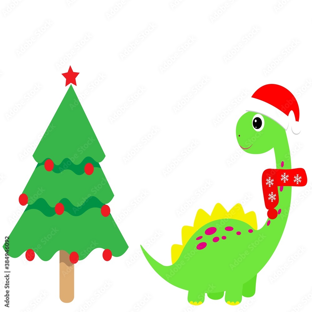 Obraz premium cute dinosaur and christmas tree vector illustration
