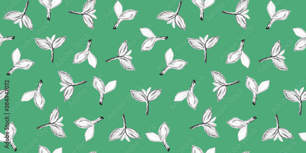 Seamless organic pattern with spring sprout. Botanical elegant green and blue background. Sketch style. Plant leaves and twigs. Good for textile, fabric design, wraping paper, package and card design.