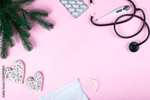 stethoscope and new year decoration, copy space. Christmas medical flatlay. Christmas medical flatly. New Year medical flatly. Christmas medical background. Xmas background.