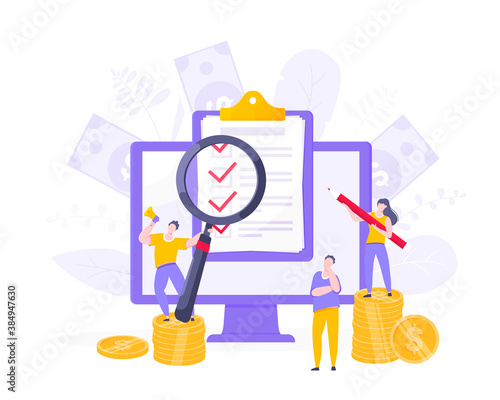 Online survey form or exam application on the monitor screen, claim form, clipboard and tiny people working together. Internet questionnair, online education quiz vector illustration concept metaphor.
