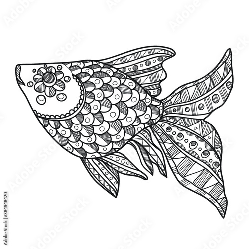 Composition with cute abstract fish ornamented with lines and circles. Hand-drawn abstract fish. Vector