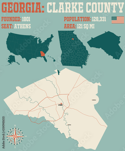 Large and detailed map of Clarke county in Georgia, USA.
 photo