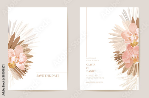 Wedding invitation dried tropical palm leaves, orchid flowers card, dry pampas grass watercolor minimal template
