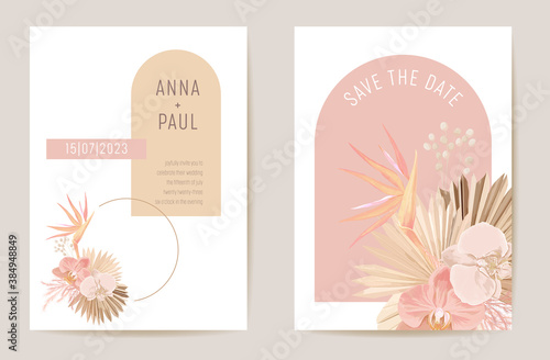 Wedding card dried tropical palm leaves, orchid flowers invitation, dry pampas grass watercolor template