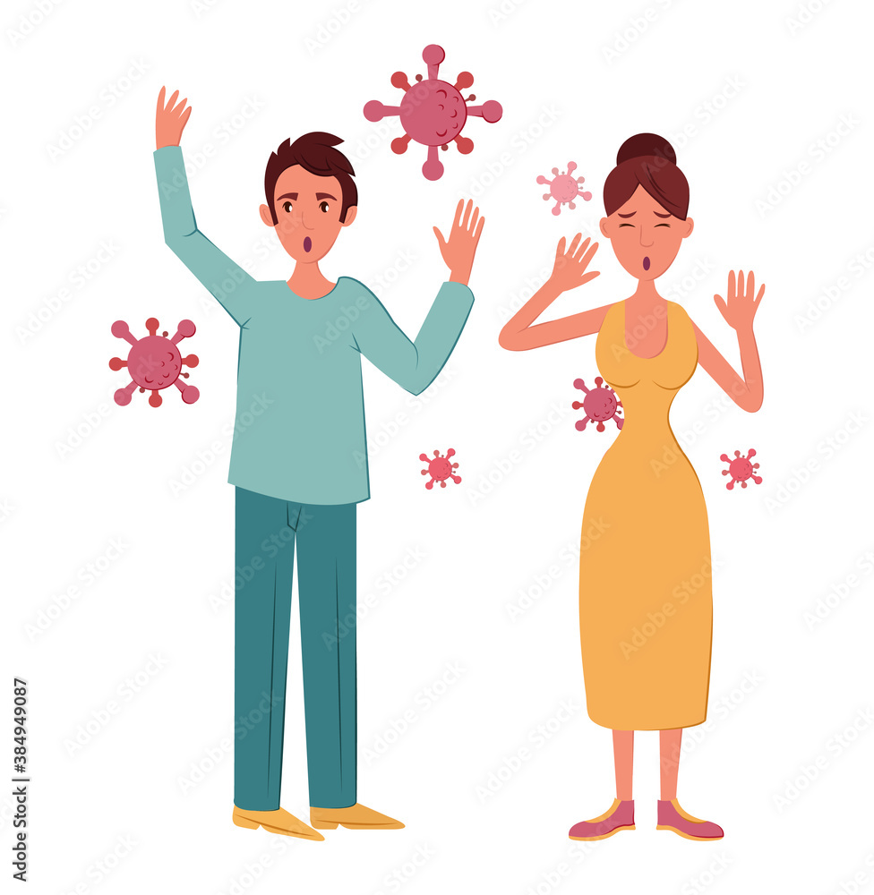 Man and woman are worried, wary of viruses, vector cartoon. Man and woman are worried, wary of viruses, vector cartoon.