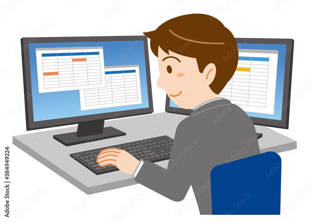 2台の大画面のデュアルモニターで事務作業をするスーツ姿の若い男性のイラスト 白背景 Stock Vector Adobe Stock 2台の大画面のデュアルモニターで事務作業をするスーツ姿の若い男性のイラスト 白背景 Stock Vector Adobe Stock