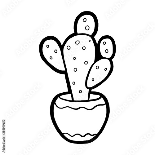 Doodle cartoon cactus nursery decoration, black line hand drawn for coloring and any design. Vector illustration of kid art.