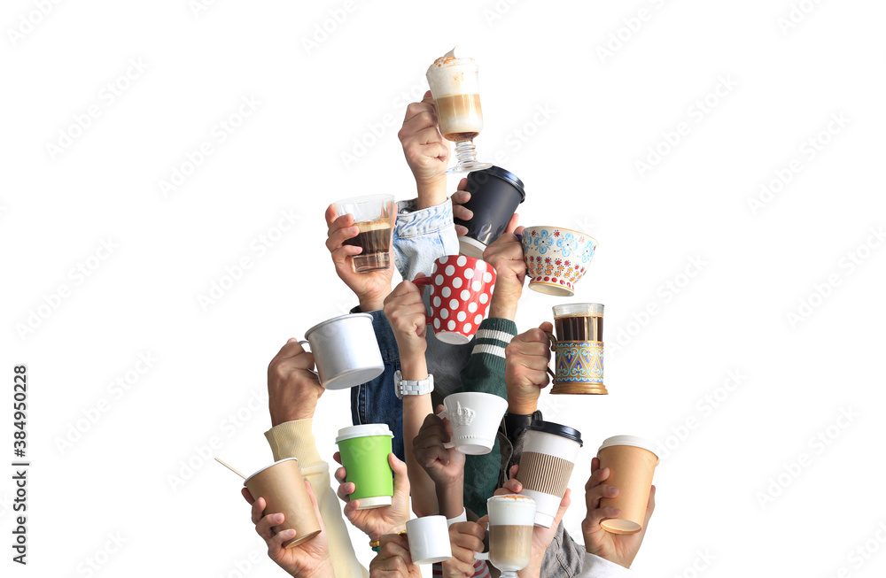 People are holding mugs and paper cups of coffee. Concept on the theme of cafes and coffee. - obrazy, fototapety, plakaty 